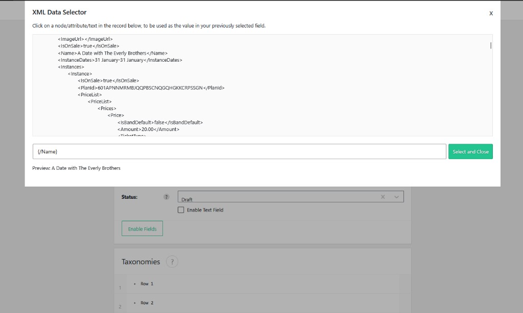 Import WP XML Data Selector mapping a Name node onto a field, with a preview of the selected value.